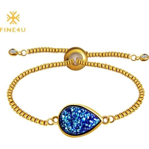 2018 New FINE4U B022 Natural Druzy Water Drop Charm Bracelet Chain Link Bracelet For Women Bridal Bracelet Bangles Jewelry
