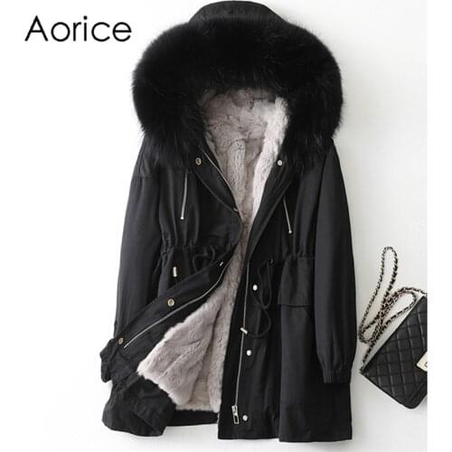 Aorice Women Real Fox Fur Collar Coat Jacket Female Rex Rabbit Liner Long Parka Trench A41625