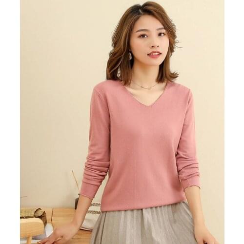 Basic Small Curled V-Neck Knitted Pullover Womens 21 Spring Autumn New Solid Color Long-Sleeved All-Match Sweater Casual Jacket