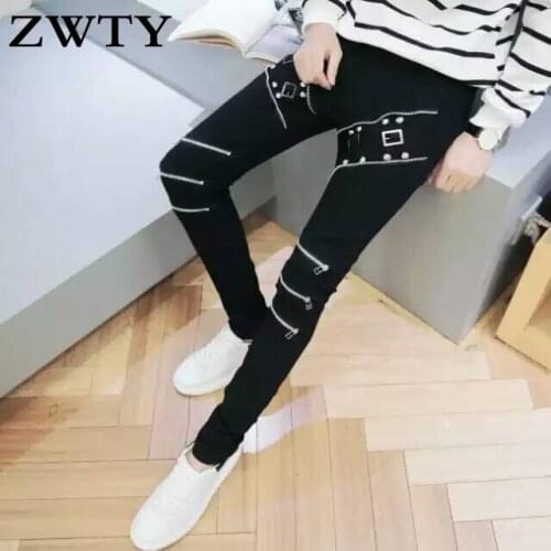 ZWTY Summer New Casual Mens Pants Casual Black Punk Slim Fit Skinny Pants Zippers Motor Biker Male Trousers Pantalon Hombre