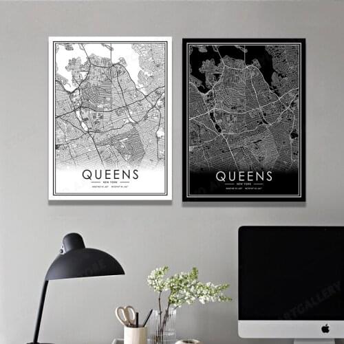 Black White World City Map Canvas Painting QUEENS City Line Wall Art Print Poster Room Decoration Picture