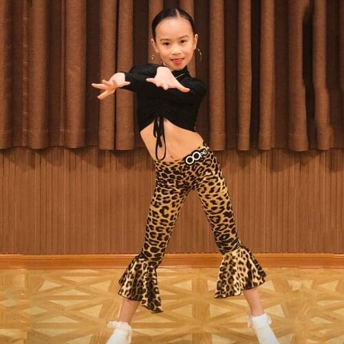 Kids Latin Dance Clothes Girls Black Crop Top Leopard Pant Suit Rumba/Samba/Gatsby Dress Dance Practice Competition Wear 4177