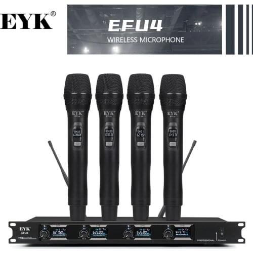 EYK EFU4 4 Channels UHF Wireless Microphone System with Metal Material Handheld Mic for Stage Church Family Party Karaoke