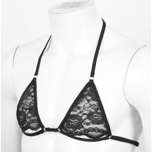 IEFiEL Mens Sissy Lingerie Sheer Lace Bras Adjustable Spaghetti Straps Open Nipples Wire-free Unlined Mini Exotic Bra Tops