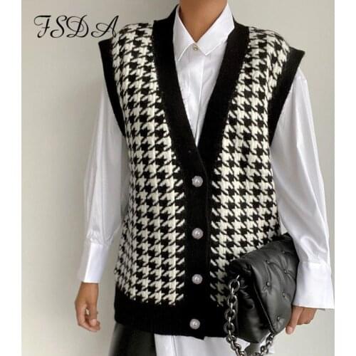 FSDA V Neck Houndstooth Vest Cardigan 2020 Black Sleeveless Sweater Women Loose 2020 Autumn Winter Knitted Casual Fashion Jumper