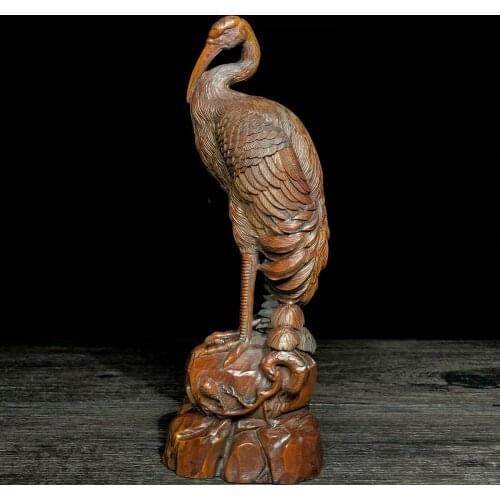Collectible Japanese Netsuke Old Vintage Boxwood Carved Red-Crowned Crane Statue