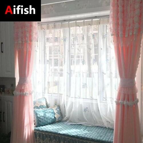 Korean Small Fresh Pink White Three-Dimensional Rose Window Screen Girl Bedroom Princess Room Blackout Tulle Curtains Cortinas 6