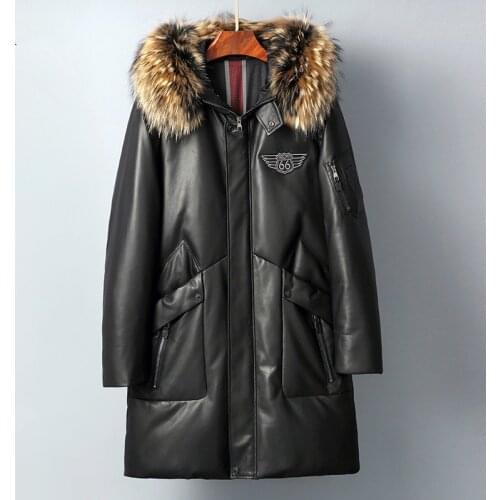 Leather Jacket Men Sheepskin Genuine Leather Jacket Duck Down Winter Coat Natural Raccoon Fur Collar Hooded Casaco 8859 YY776
