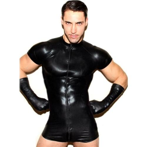 Wet look latex Catsuit Faux Leather Mesh Jumpsuits Black Stretch PVC Bodysuits Sexy Clubwear Men Open Crotch Lingerie Body Suit