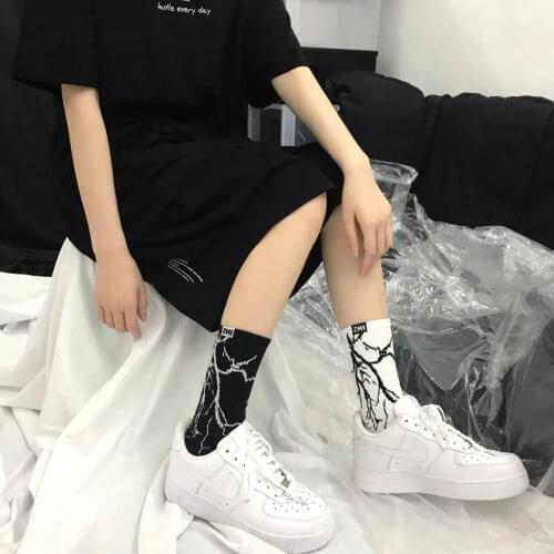 Korean Style Harajuku Hip-Hop Street Sports Skate Socks Tie Dye Cotton Lightning Designer Happy White Socks Women Set