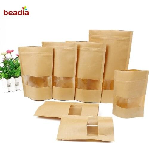 Wholesale 50pcs Stand Up Zip Lock Kraft Paper Bag With Matte Translucent Window Inside With PE Kraft Paper Pouch
