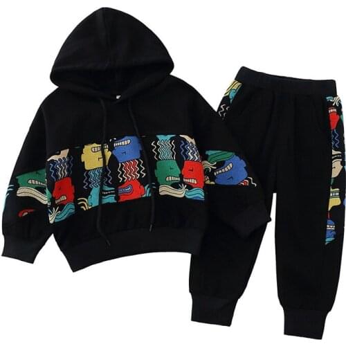 Fall baby boys' clothing sets 2 piece black Long sleeve pattern hoodie kids pants