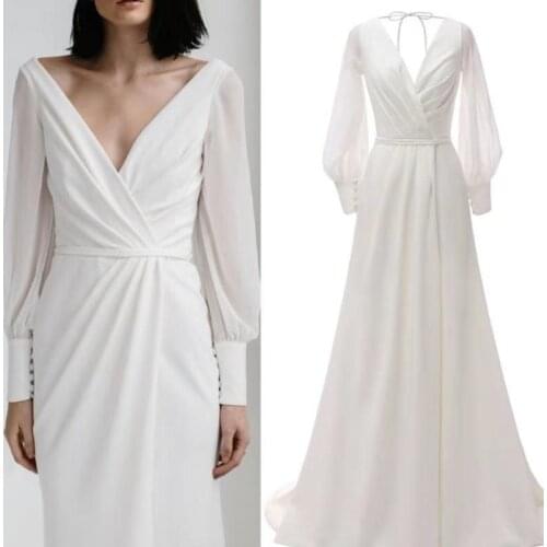 Simple Chiffon Long Sleeve A-Line V-Neck High Slit Sweep Train Wedding Dress Bride Gown Vestidos De Novia