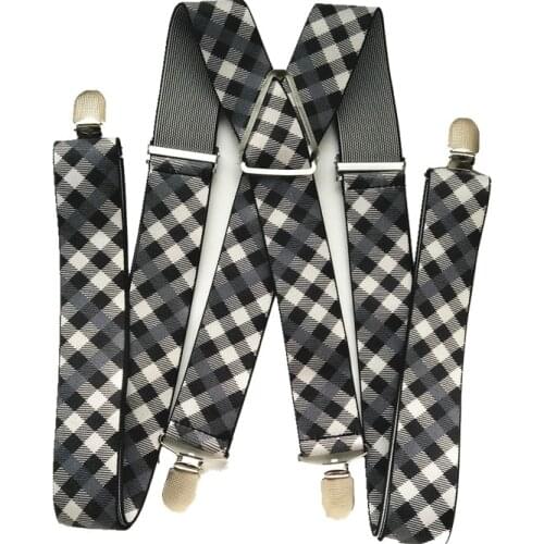 Unisex Large Size Suspenders Elastic Adjustable Braces for Teenager Adult Men Women 4 Clips on Plaid Color BD064