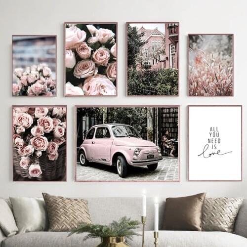 Nordic Pink Car Rose Flower Apartment Weed Quote Posters And Prints Canvas Painting Wall Art Pictures For Living Room Home Decor