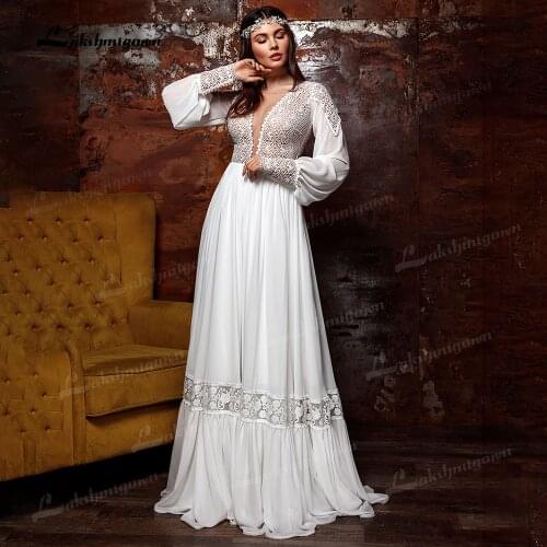 Simple Boho Wedding Dresses Long Puff Sleeves A-Line Deep V Neckline Vintage Lace Bohemian Chiffon Bridal Gowns Robe De Mariée