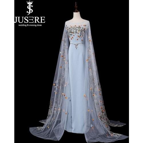 Robe de soiree JUSERE Blue Long Prom Dress Hand Beaded Appliques Straight Floor Length Prom Party Dresses Gown Vestido de Festa