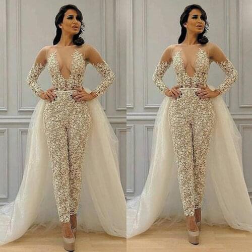 Modest Detachable Skirt Jumpsuit Wedding Dresses 2020 Lace Applique Long Sleeve Elegant Pant Suit for Women Vestidos Bridal Gown
