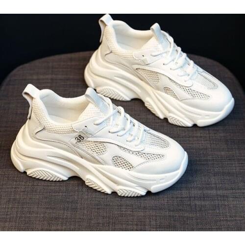 Blank Mesh Upper Women Chunky Sneaker 2021 Summer White Female Sport Dad Shoes Lace up Fashion Casual Comfort