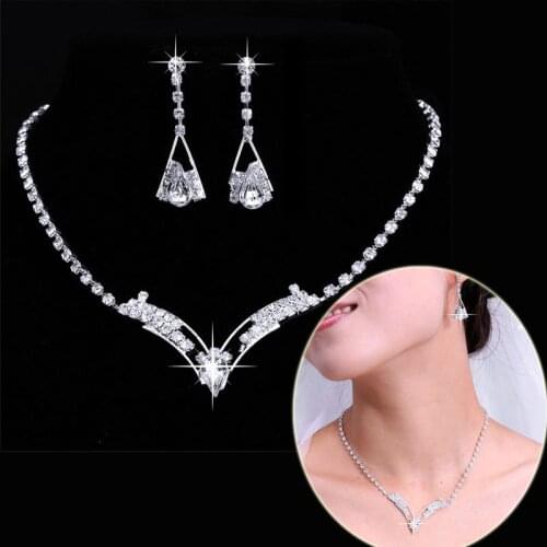 Rinhoo Fashion Necklace Earrings Jewelry Sets Silver Color Crystal Rhinestones Wedding Engagement Bride Jewelry For Women Sets