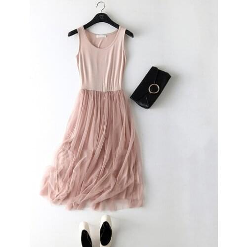 2018 New Sexy Spaghetti Strap Patchwork Mesh Dress Spring Summer Women Gauze Lace Tank Dress Basic Sundress Party Vestidos SF116