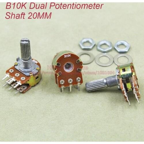 10pcs/lot) B10K 10K OHM WH148 Linear Dual Rotary Potentiometer Pots Shaft 20MM With Nuts And Shim