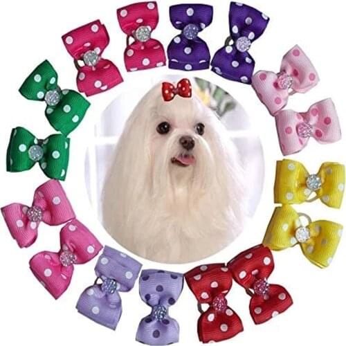 20/50/100pcs Polka Dots 2-Lays Dog Hair Bows for Girls Topknot with Rubber Bands Puppy Dog Grooming Hair Accessories