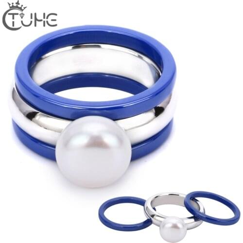 2019 Promised Brand Anillos Rings With Big Pearl Fashion Jewelry Blue Color Ceramics Rings for Women Wedding Jewelry Gift