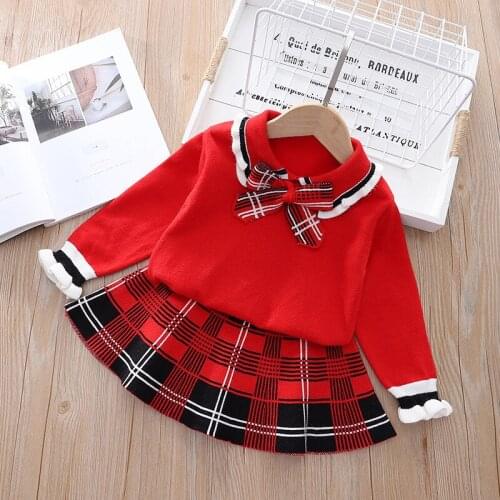 2021 Christmas Winter Clothing Sets Baby Girl Clothes Casual Printing Knitted Sweater Cardigan+Pleated Skirt Two-Piece Suit
