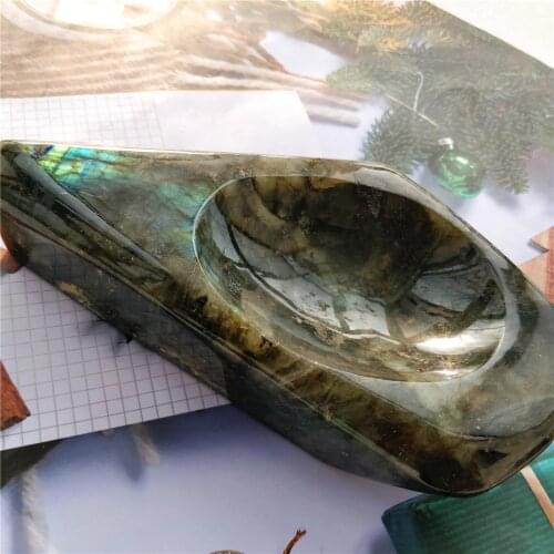 Large Sized Natural Mineral Crystal Labradorite Stone Carved Ashtray Moonstone Office Desk Decorations