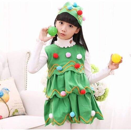 Kids Girl New Year Pompon Green Christmas Tree Cosplay Costumes Dress Carnival Party Costumes Magic Wand Hat
