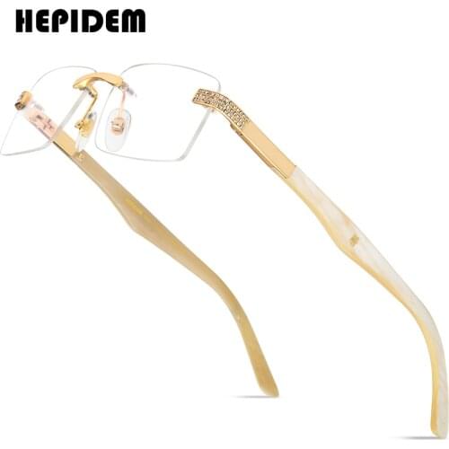 HEPIDEM Buffs Glasses Men 2021 New Square Luxury Diamonds Sumptuous Rimless Buffalo Horn Eyeglasses Frame Women 0023