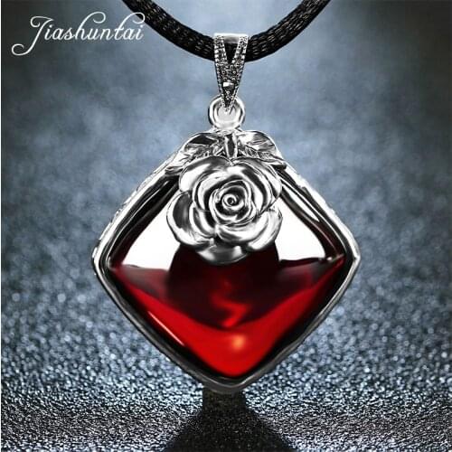 JIASHUNTAI 100% 925 Sterling Silver Rose Necklace Pendant For Women Retro Natural Garnet Gemstone Vintage Pendant Jewelry
