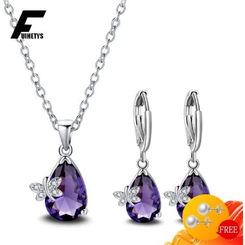 BaliJelry 925 Silver Jewelry Set Earrings Necklace Water Drop Shape Amethyst Gemstone Accessories for Women Wedding Engagement