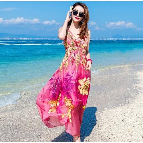 Summer 200% Silk Women Beach Floral Boho Backless Spaghetti Strap Dress Korean V Neck Party Sexy Vestidos 69020 KJ