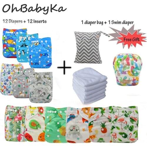 Reusable Nappies Baby Pocket Cloth Diapers Washable Ohbabyka Diaper Cover 12pcs+12pcs Microfiber Inserts+1Free Diaper Bag