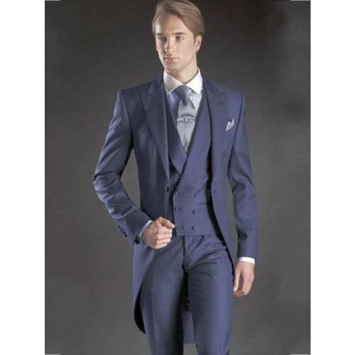 Morning Style Navy Blue Men Prom Dress Work Business Suits Coat Waistcoat Trousers Sets Customize (Jacket+Pants+Vest+Tie) K:1296