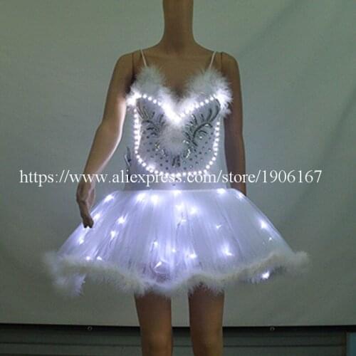 Newest White Led Luminous Light Growing Ballet Dress Women Costume Evening Party Dress Led Stage Ballroom Dance Clothes