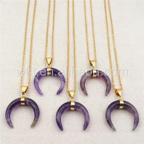 WT-N851 Wholesale Natural Crescent Purple Crystal Stone Necklace, Women Jewelry Purple Crysty With Gold Color Loop Necklace