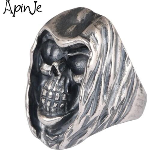Apinje 925 Sterling Silver Vintage Ring for Men Skull Open Silver Ring Retro Punk Rock Style Jewelry