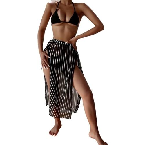 Sexy Womens 3Pcs Beach Bikinis Set Wear Solid Color Deep V-neck Halter Tops with Side Tie Bottoms and Striped Side Split Skirt