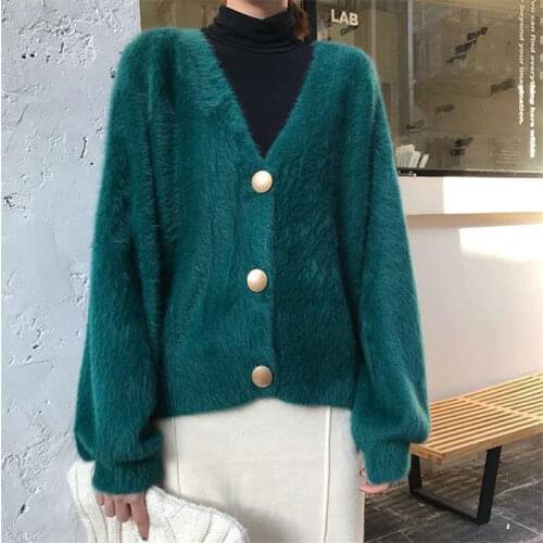Hairy Jumpers Mink Cashmere Knitted Cardigan Women Autumn spring Short V-neck Sweater Furry Fashiob Oversize Loose Knit Tops