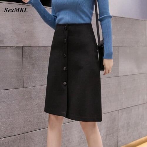 2020 Fashion Plus Size Skirts Womens High Waist Black Skirt Button Knee Length Office Sexy Korean Women A Line Skirt Jupe Femme