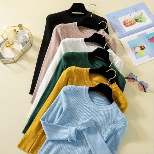 Women Knitted long sleeve o-neck Sweater Autumn Basic Sweaters Pullover Slim Fit Black cheap top Multi colors 2019