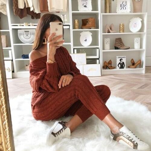 Womens Fashion Solid 2 Piece Set Casual Knitted Tracksuit Sportswear Warm Sweater + Long Pants Sweatshirts Outfits