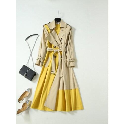 Temperament Trench Coat Female 2020 New Fashion Personality Two Wear Stitching Coat Double Breasted Lace Long Windbreaker Q99
