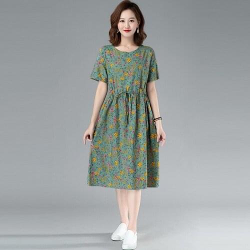Women Cotton Linen Casual Dress New Arrival 2021 Summer Vintage Style O-neck Print Loose Ladies A-line Long Dresses B463