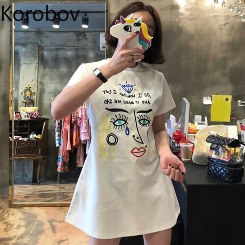 Korobov 2021 New Arrival O Neck Short Sleeve Women Dress Korean Cartoon Embroidery Female Dresses Harajuku Streetwear Dress