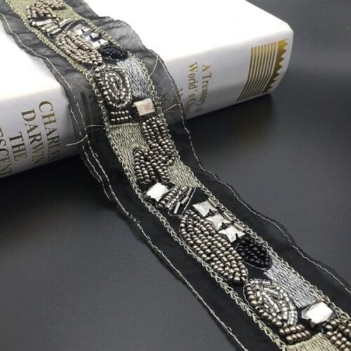 1Yard Grey Beaded Lace Trim Rhinestone Collar Ribbons African Lace Sewing Materials Crafts For Clothes Wedding Dress