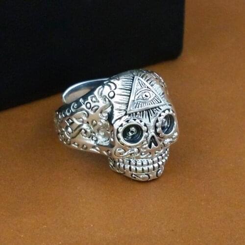 100% 925 Silver Wisdom-Eye-Skull Ring Real Sterling Silver Skeleton Ring PUNK Jewelry Man Ring COOL